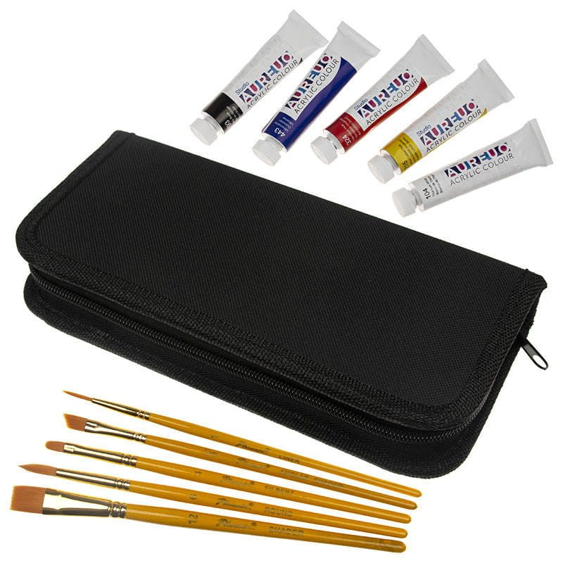 Zestaw malarski podróżny w etui - Phoenix - farby akrylowe 5x12 ml, 5 pędzli #5
