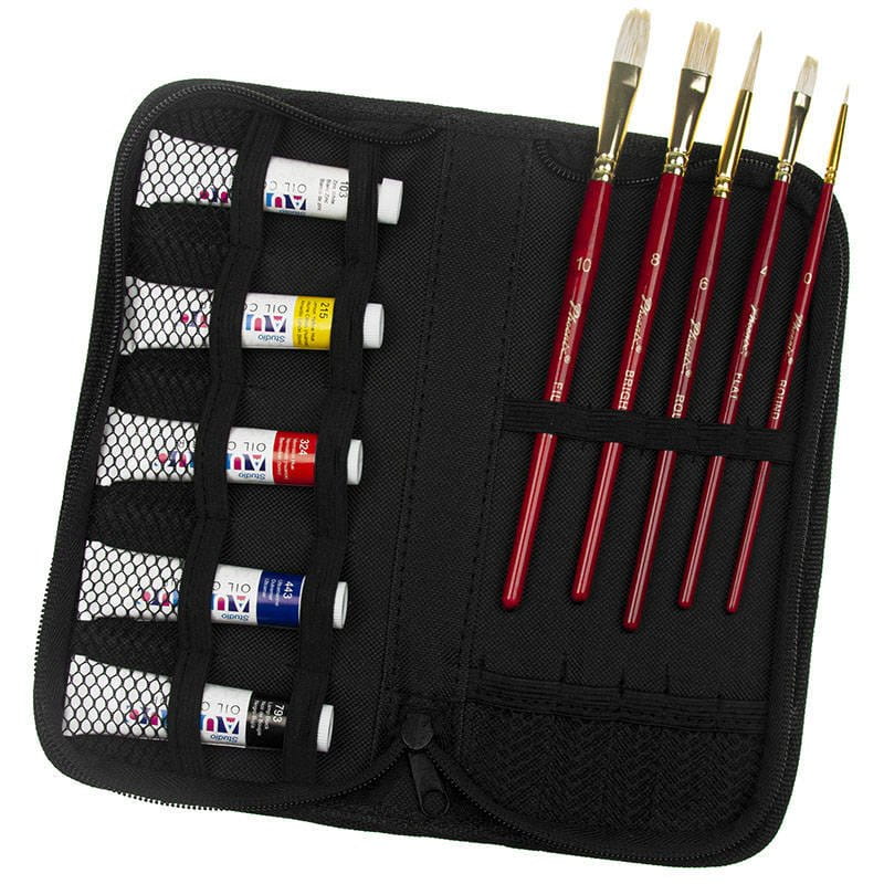 Zestaw malarski podróżny w etui - Phoenix - farby olejne 5x12 ml, 5 pędzli #4