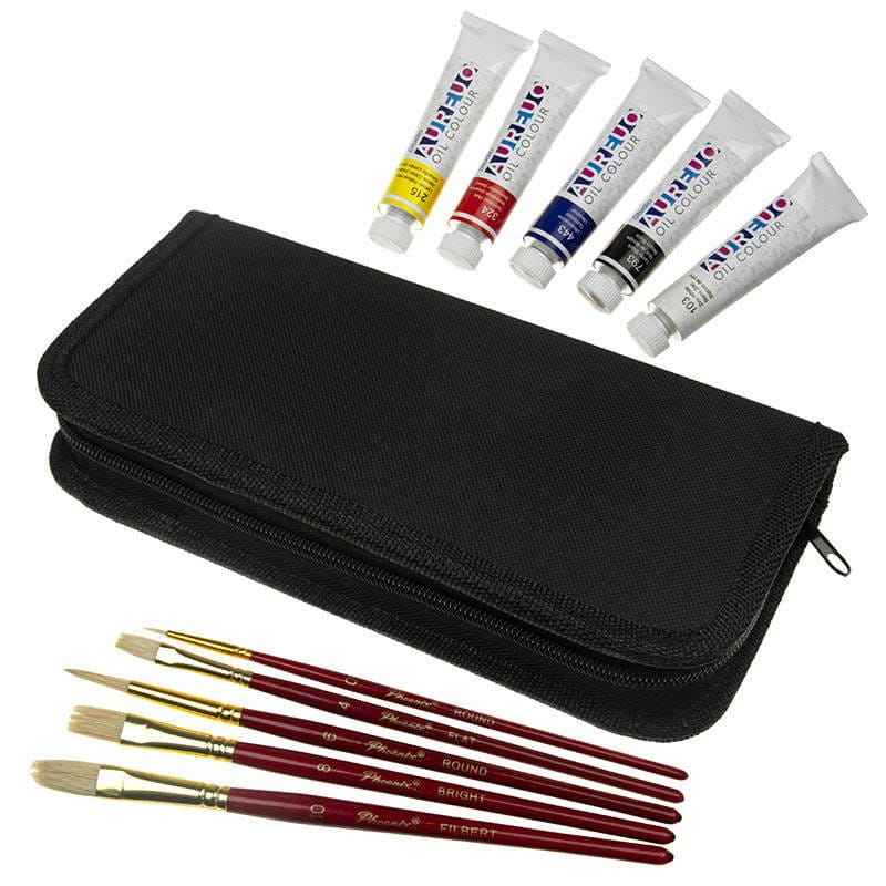 Zestaw malarski podróżny w etui - Phoenix - farby olejne 5x12 ml, 5 pędzli #5