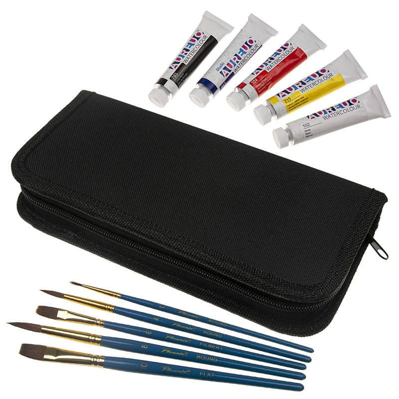 Zestaw malarski podróżny w etui - Phoenix - farby akwarelowe 5x12 ml, 5 pędzli #5