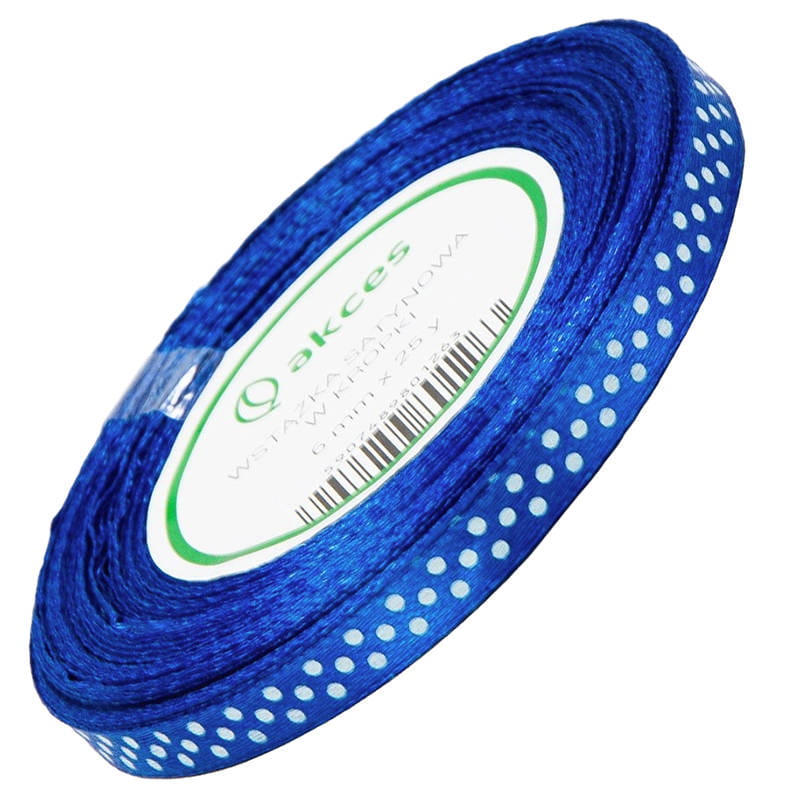 Wstążka satynowa granatowa w białe kropki 6mm - 23m #1