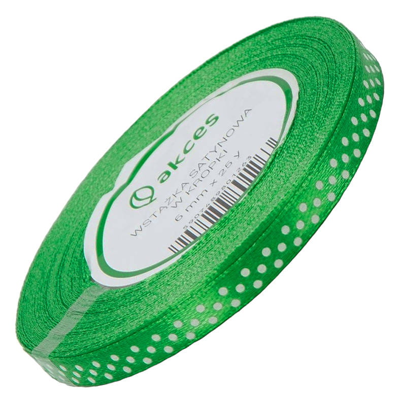 Wstążka satynowa zielona w białe kropki 6mm - 23m #1
