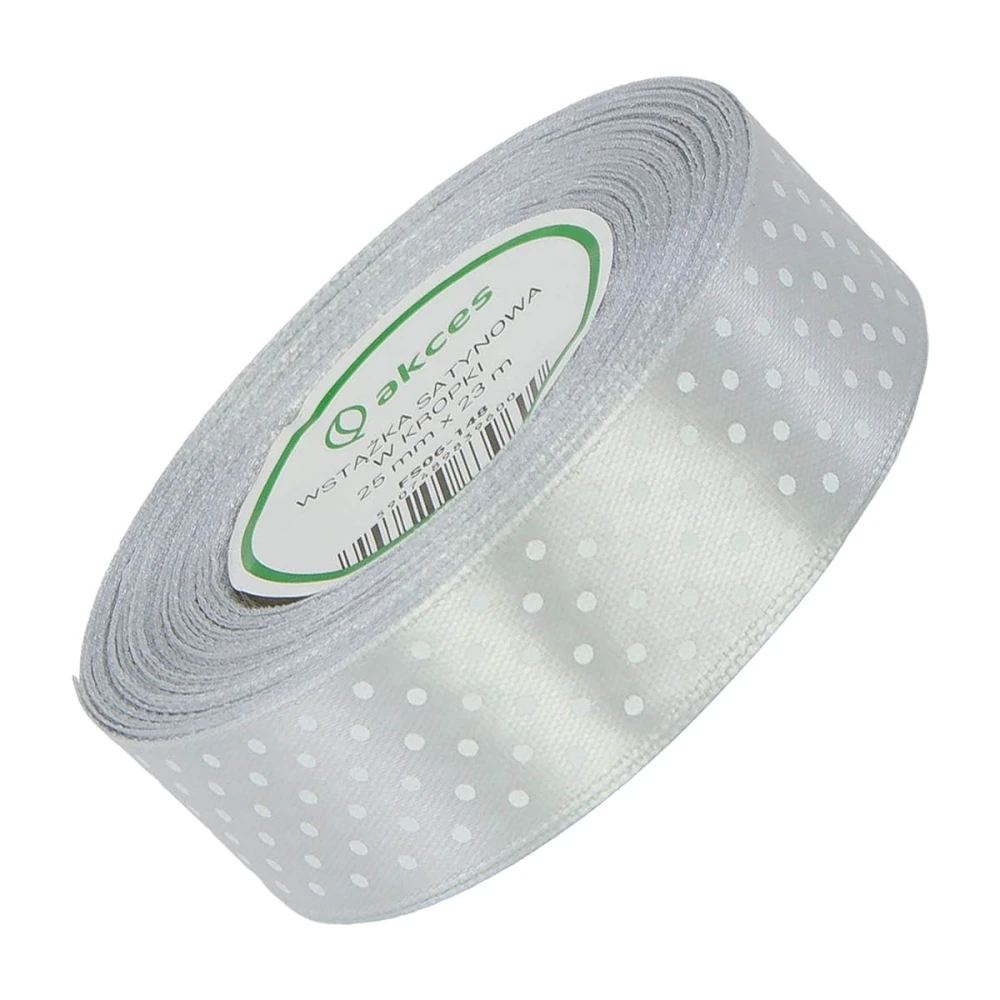  Wstążka satynowa w kropki 25 mm - srebrna 148 - 23 m - dekoracyjna tasiemka #1
